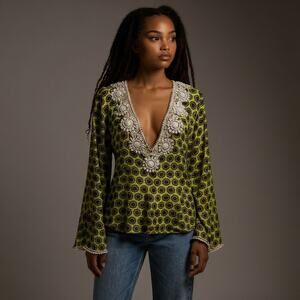 Taj by Sabrina Crippa 100% Silk Beaded Embellished Tunic Top S Lime Green Boho